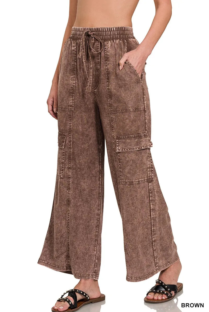 Washed Linen Elastic Band Waist Cargo Pants-Pants-Krush Kandy, Women's Online Fashion Boutique Located in Phoenix, Arizona (Scottsdale Area)
