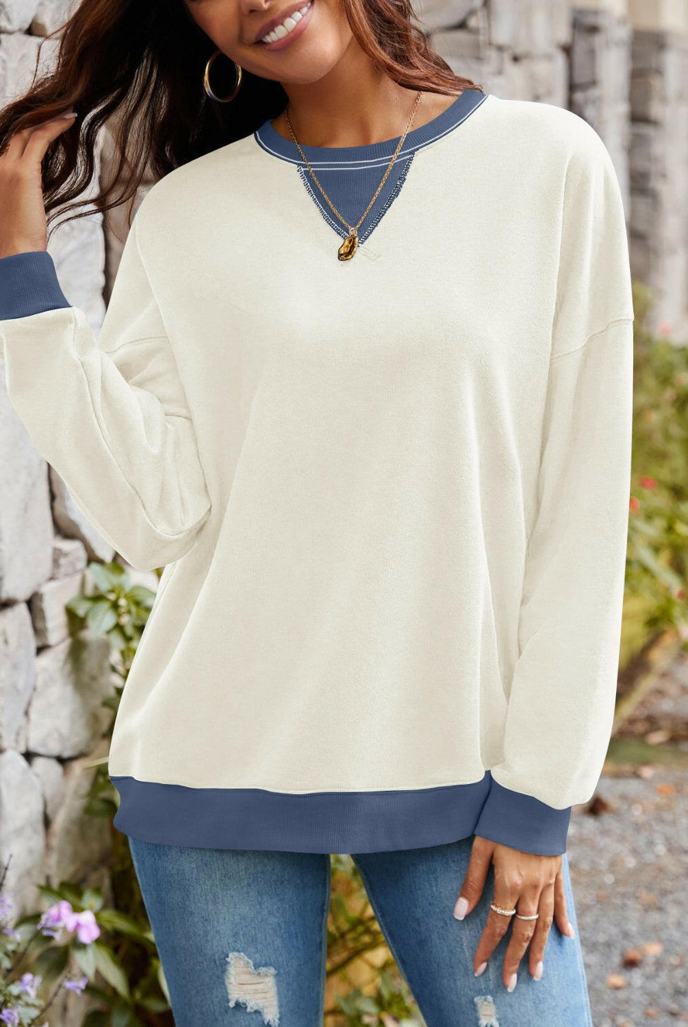 Lovelet Contrast Round Neck Long Sleeve Sweatshirt-Krush Kandy, Women's Online Fashion Boutique Located in Phoenix, Arizona (Scottsdale Area)