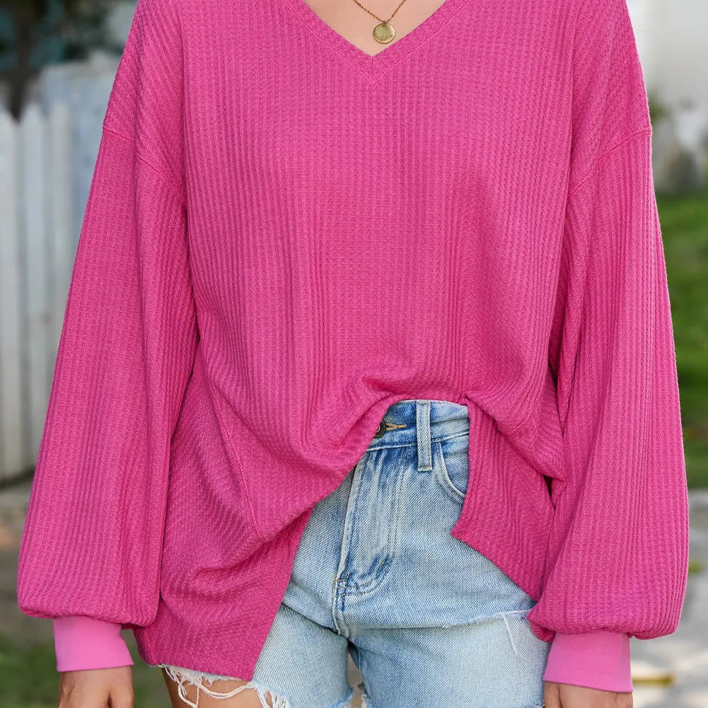 Waffle-Knit V-Neck Long Sleeve Top-Long Sleeve Tops-Krush Kandy, Women's Online Fashion Boutique Located in Phoenix, Arizona (Scottsdale Area)