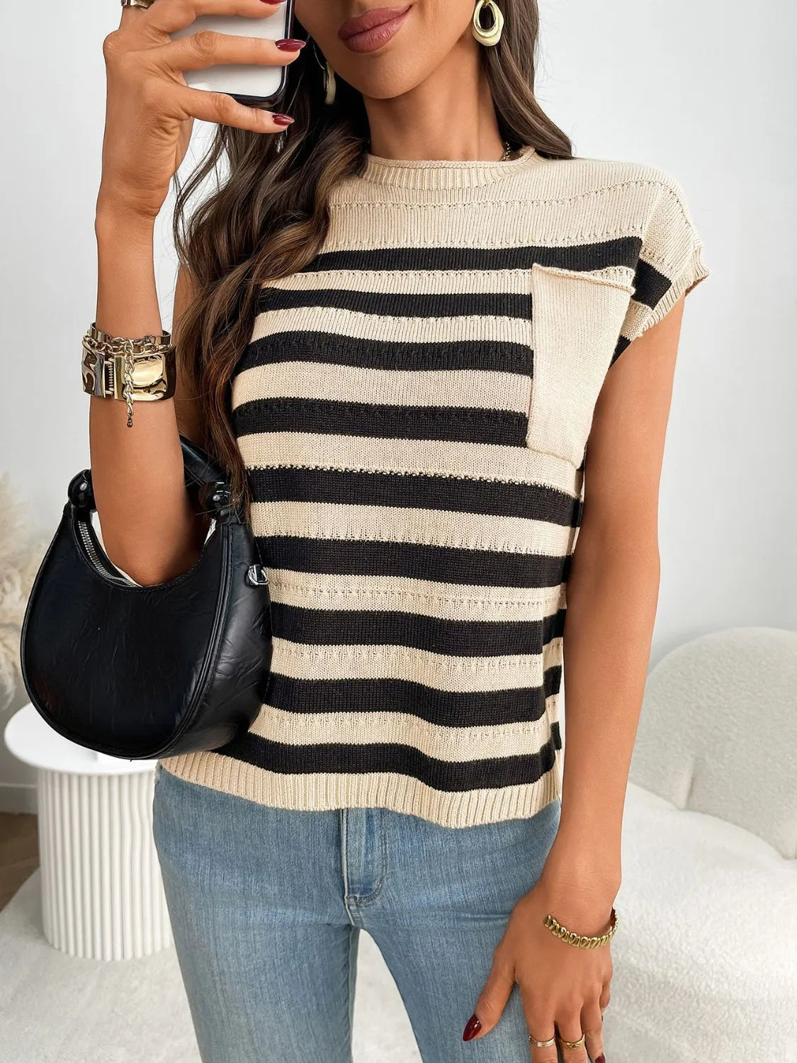 Striped Mock Neck Cap Sleeve Knit Top-Tops-Krush Kandy, Women's Online Fashion Boutique Located in Phoenix, Arizona (Scottsdale Area)