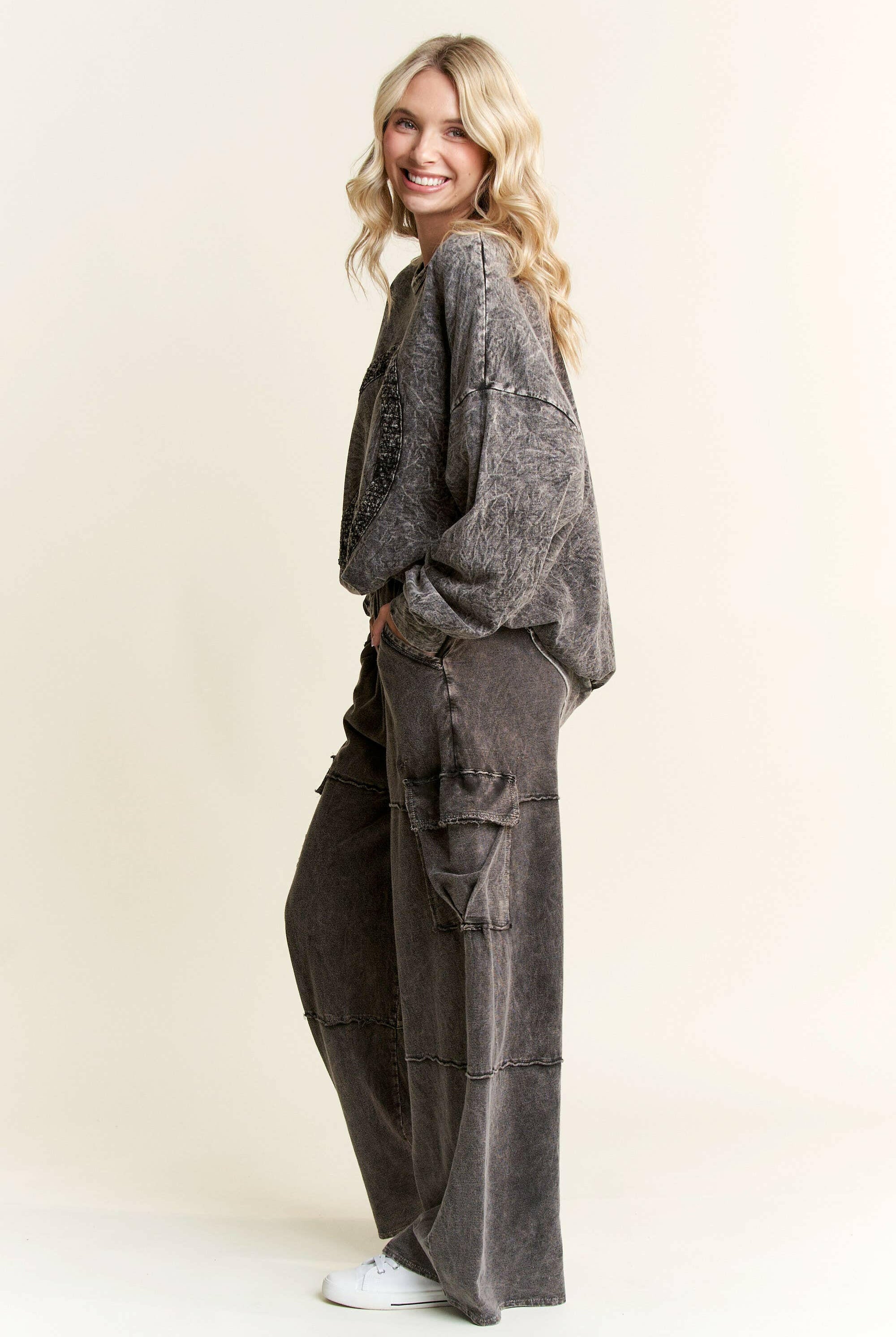Mineral Wash Wide leg pants with Cargo Pockets-Bottoms-Krush Kandy, Women's Online Fashion Boutique Located in Phoenix, Arizona (Scottsdale Area)