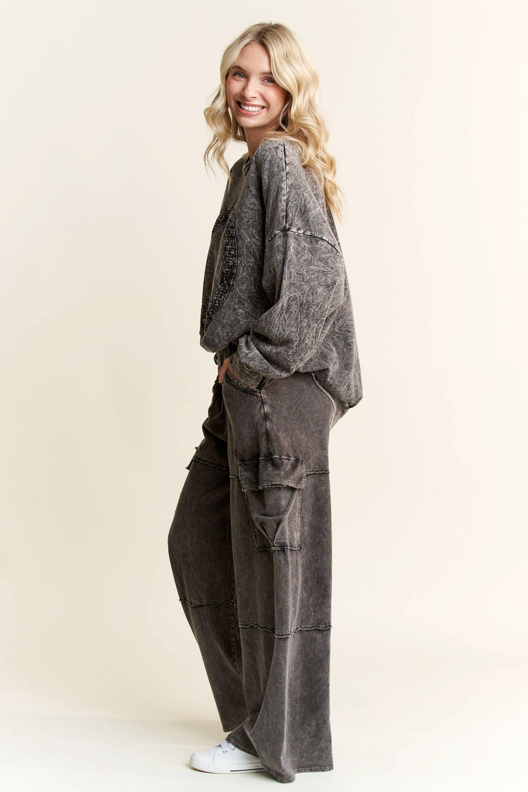 Mineral Wash Wide leg pants with Cargo Pockets-Bottoms-Krush Kandy, Women's Online Fashion Boutique Located in Phoenix, Arizona (Scottsdale Area)