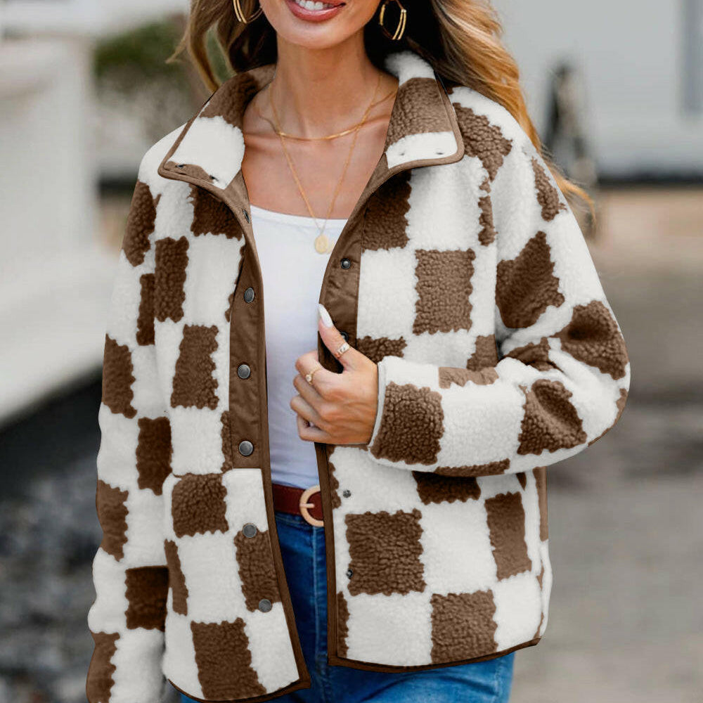Checkered Snap Down Long Sleeve Teddy Jacket-Krush Kandy, Women's Online Fashion Boutique Located in Phoenix, Arizona (Scottsdale Area)