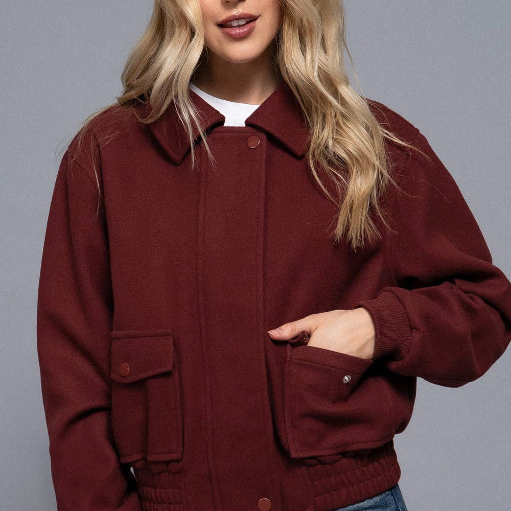 Long Sleeve Lapel Collar Soft Felt Bomber Jacket-Jackets-Krush Kandy, Women's Online Fashion Boutique Located in Phoenix, Arizona (Scottsdale Area)