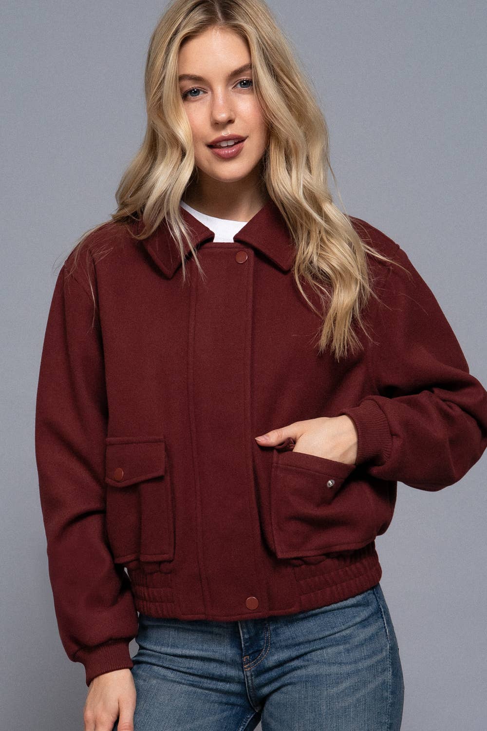 Long Sleeve Lapel Collar Soft Felt Bomber Jacket-Jackets-Krush Kandy, Women's Online Fashion Boutique Located in Phoenix, Arizona (Scottsdale Area)