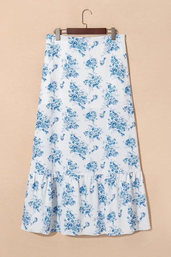 Blue & White Floral Ruffle Maxi Skirt-Krush Kandy, Women's Online Fashion Boutique Located in Phoenix, Arizona (Scottsdale Area)