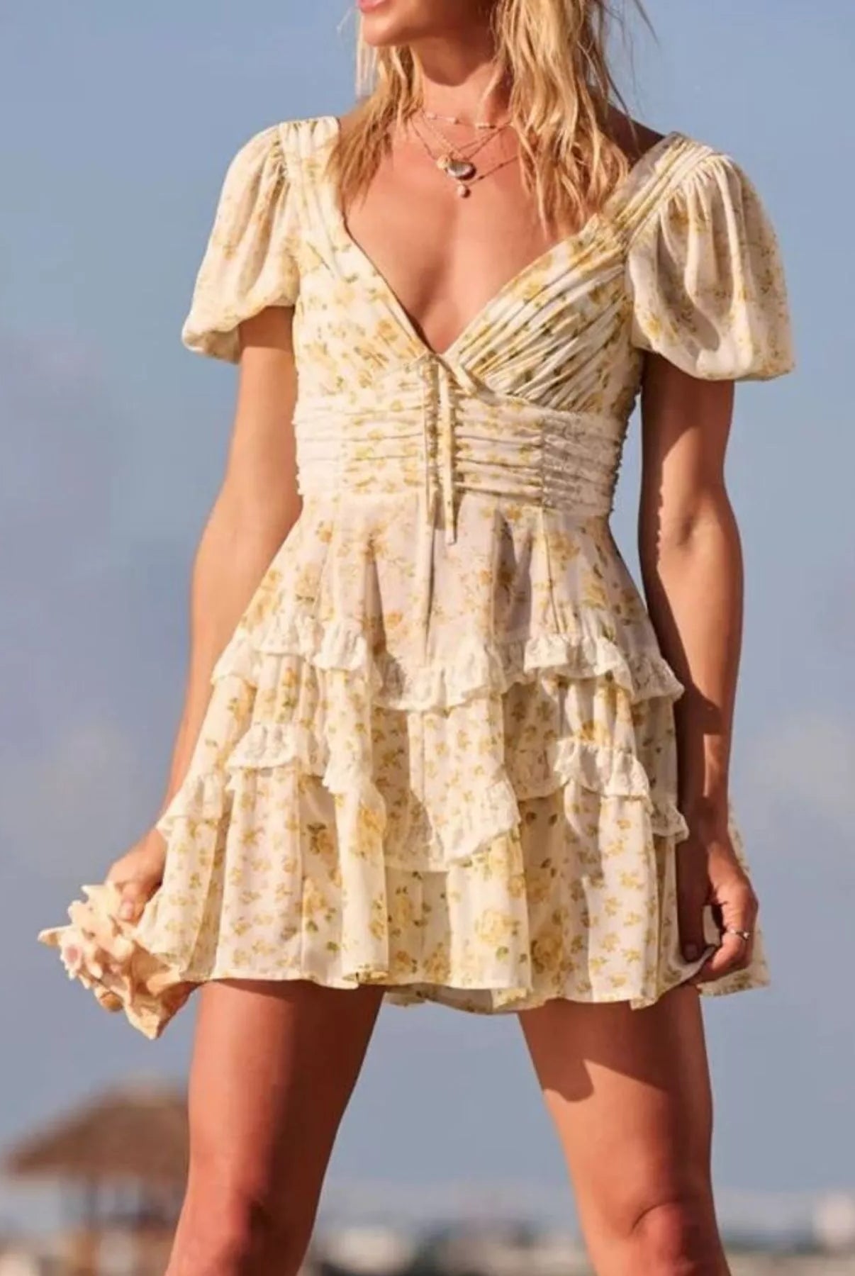 Floral Puff Sleeve Tiered Mini Dress-Dresses-Krush Kandy, Women's Online Fashion Boutique Located in Phoenix, Arizona (Scottsdale Area)