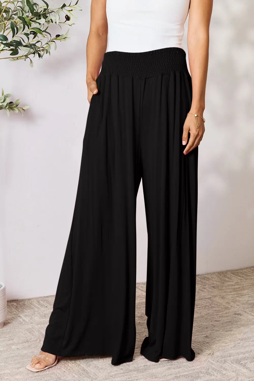 Full Size Smocked Wide Waistband Wide Leg Pants-Pants-Krush Kandy, Women's Online Fashion Boutique Located in Phoenix, Arizona (Scottsdale Area)