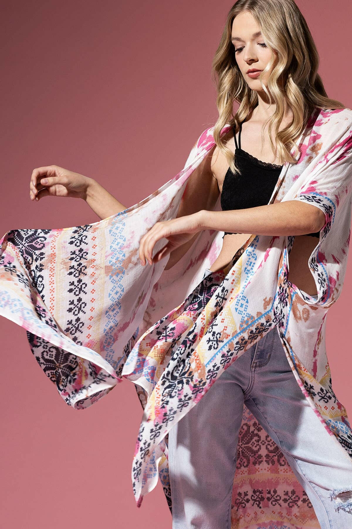 Tie Dye with Ethnic Border Motif Kimono-Kimono-Krush Kandy, Women's Online Fashion Boutique Located in Phoenix, Arizona (Scottsdale Area)