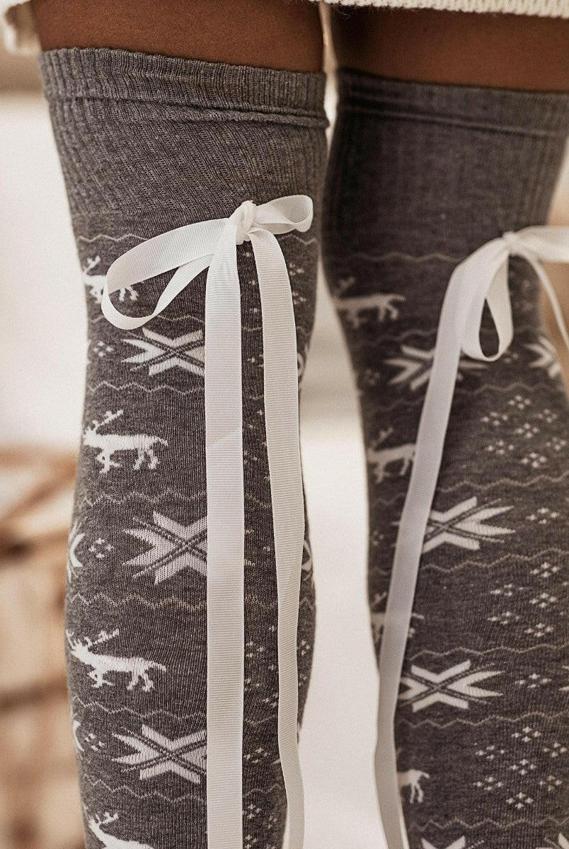 Christmas Element Bowknot Ribbed Trim Over Knee Stockings-Accessories-Krush Kandy, Women's Online Fashion Boutique Located in Phoenix, Arizona (Scottsdale Area)