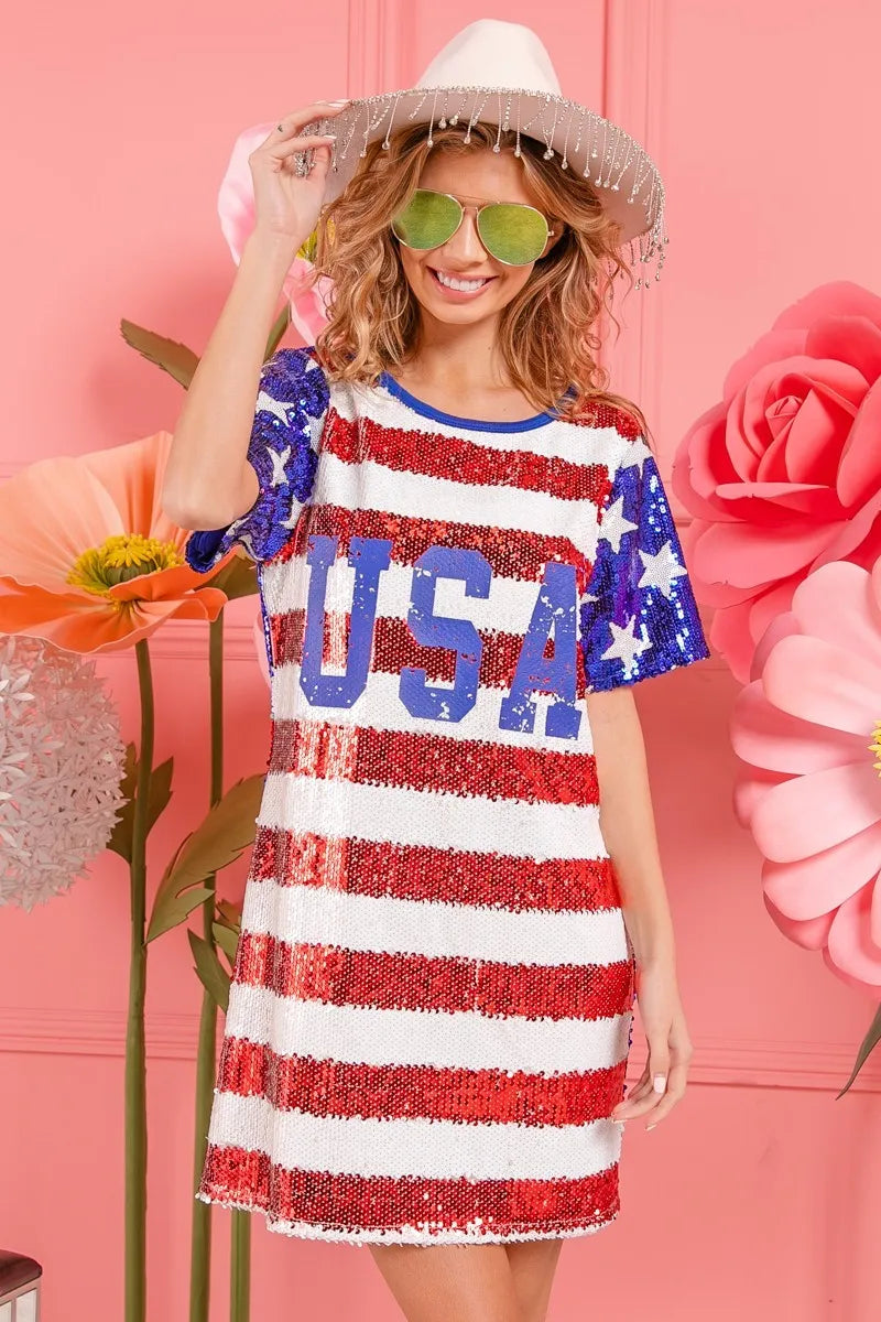 BiBi American Flag Theme Usa Print Sequin Dress-Dresses-Krush Kandy, Women's Online Fashion Boutique Located in Phoenix, Arizona (Scottsdale Area)