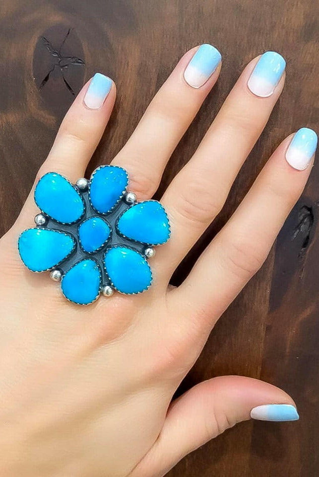 REAL Kingman Turquoise Flower Ring-Cluster Rings-Krush Kandy, Women's Online Fashion Boutique Located in Phoenix, Arizona (Scottsdale Area)