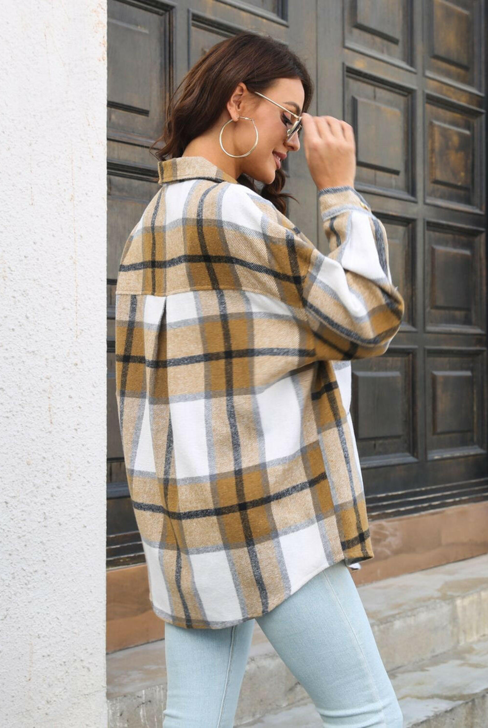 Plaid Button Up Collared Neck Long Sleeve Shirt-Long Sleeve Tops-Krush Kandy, Women's Online Fashion Boutique Located in Phoenix, Arizona (Scottsdale Area)