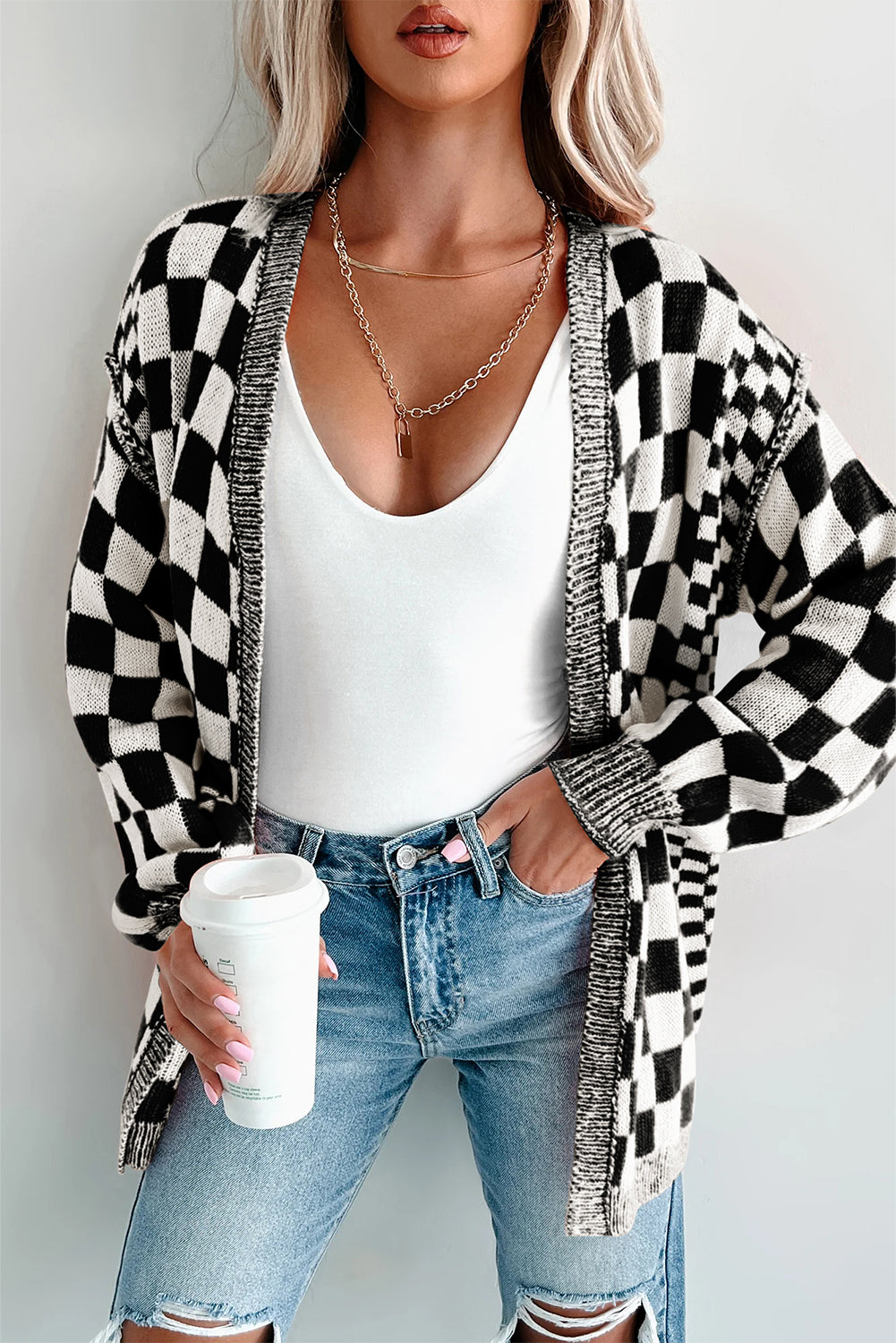 Black Checkered Colorblock Cardigan-Cardigans-Krush Kandy, Women's Online Fashion Boutique Located in Phoenix, Arizona (Scottsdale Area)