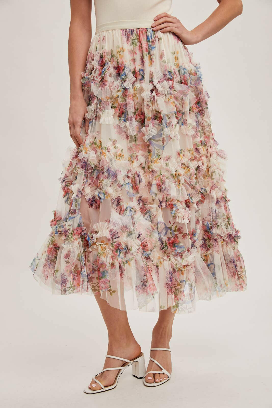 Floral Ruffled Mesh Midi Skirt-Skirts-Krush Kandy, Women's Online Fashion Boutique Located in Phoenix, Arizona (Scottsdale Area)