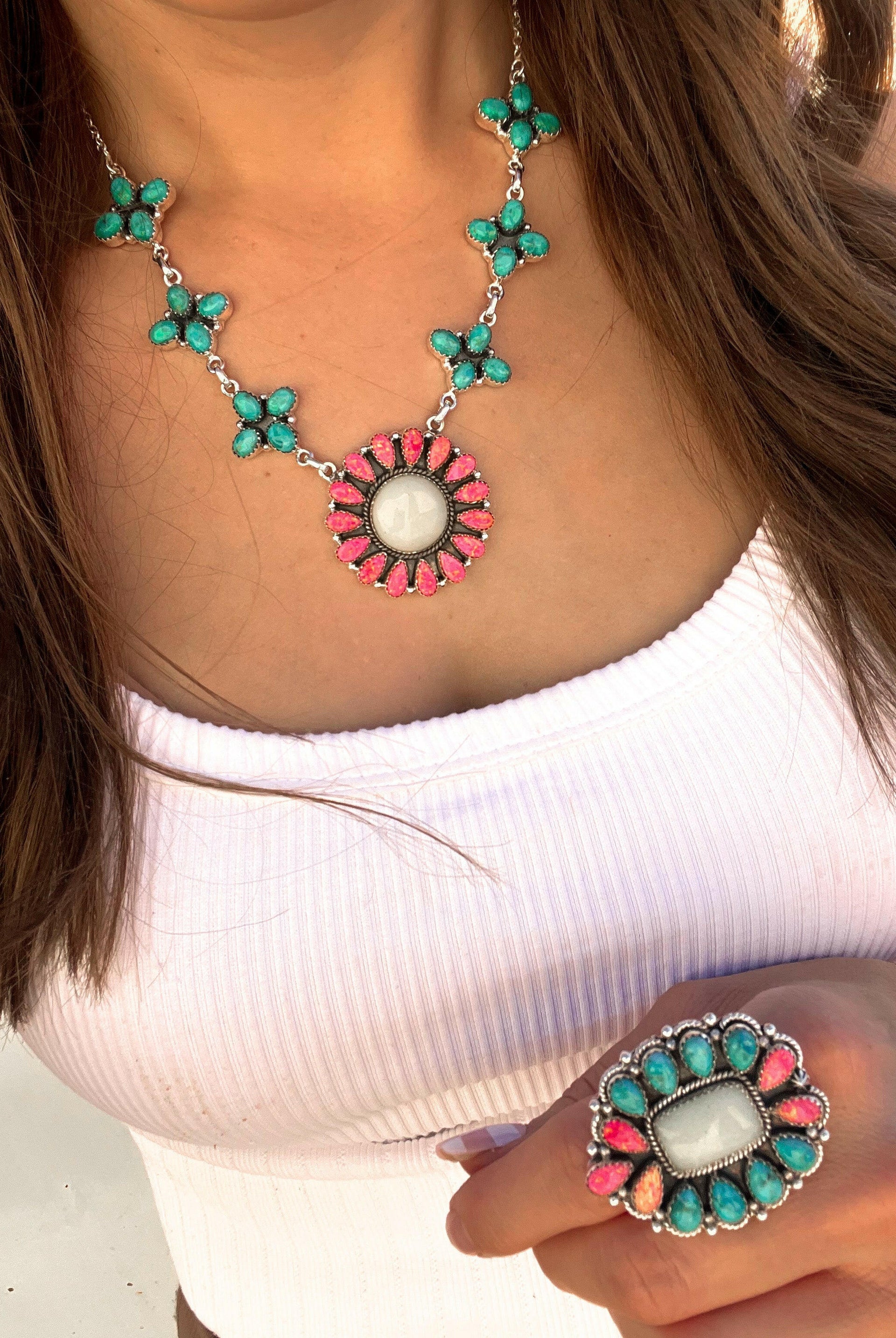 Kristyn's Turquoise & Fiery Pink Opal GLOW Necklace-Necklaces-Krush Kandy, Women's Online Fashion Boutique Located in Phoenix, Arizona (Scottsdale Area)