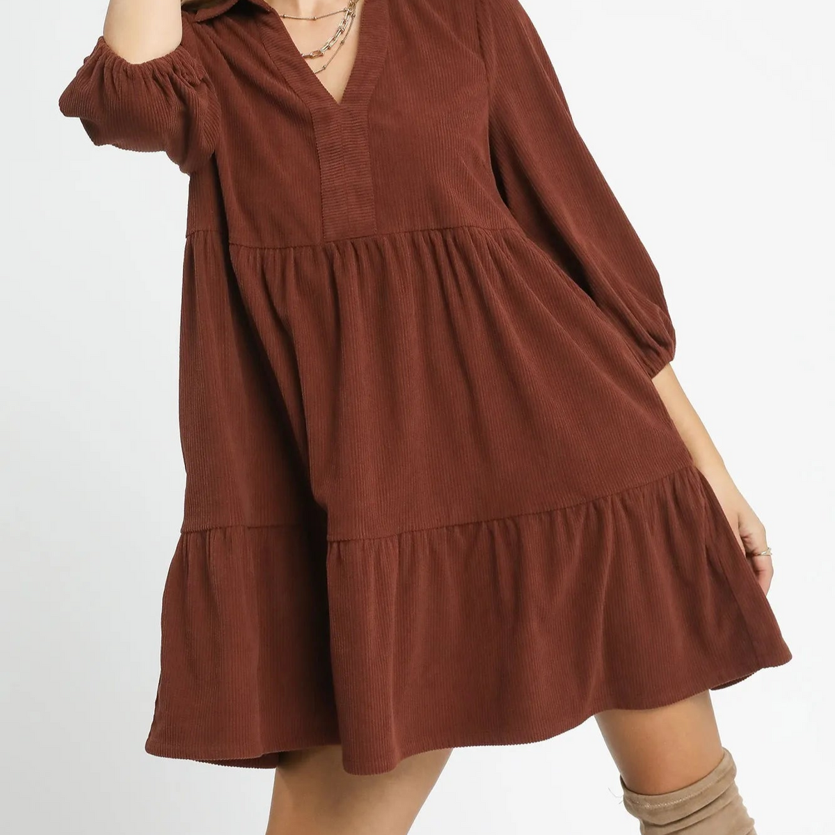 Umgee Tiered Corduroy Mini Dress with Balloon Sleeves RED BROWN / L Umgee Tiered Corduroy Mini Dress with Balloon Sleeves RED BROWN / L