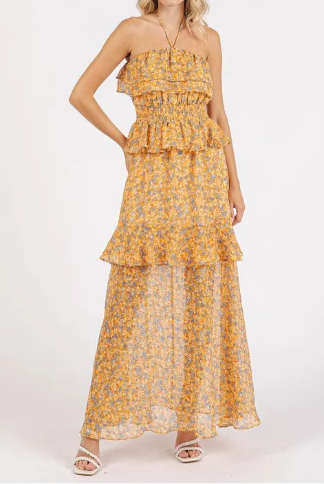 Mittoshop Ruffled Smocked Floral Halter Neck Maxi Dress-Dresses-Krush Kandy, Women's Online Fashion Boutique Located in Phoenix, Arizona (Scottsdale Area)