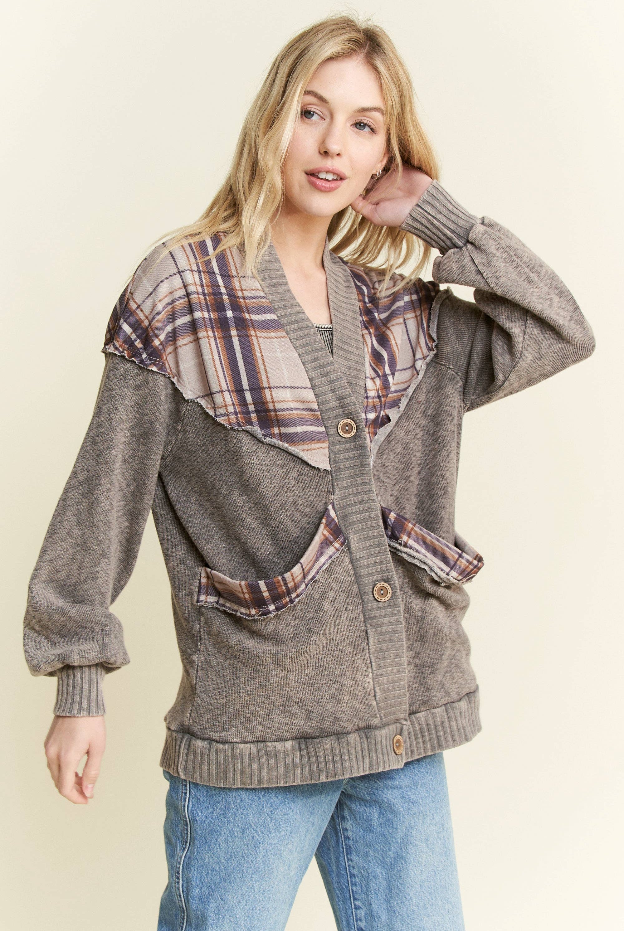 Mineral Wash Cardigan with Plaids-Cardigan-Krush Kandy, Women's Online Fashion Boutique Located in Phoenix, Arizona (Scottsdale Area)