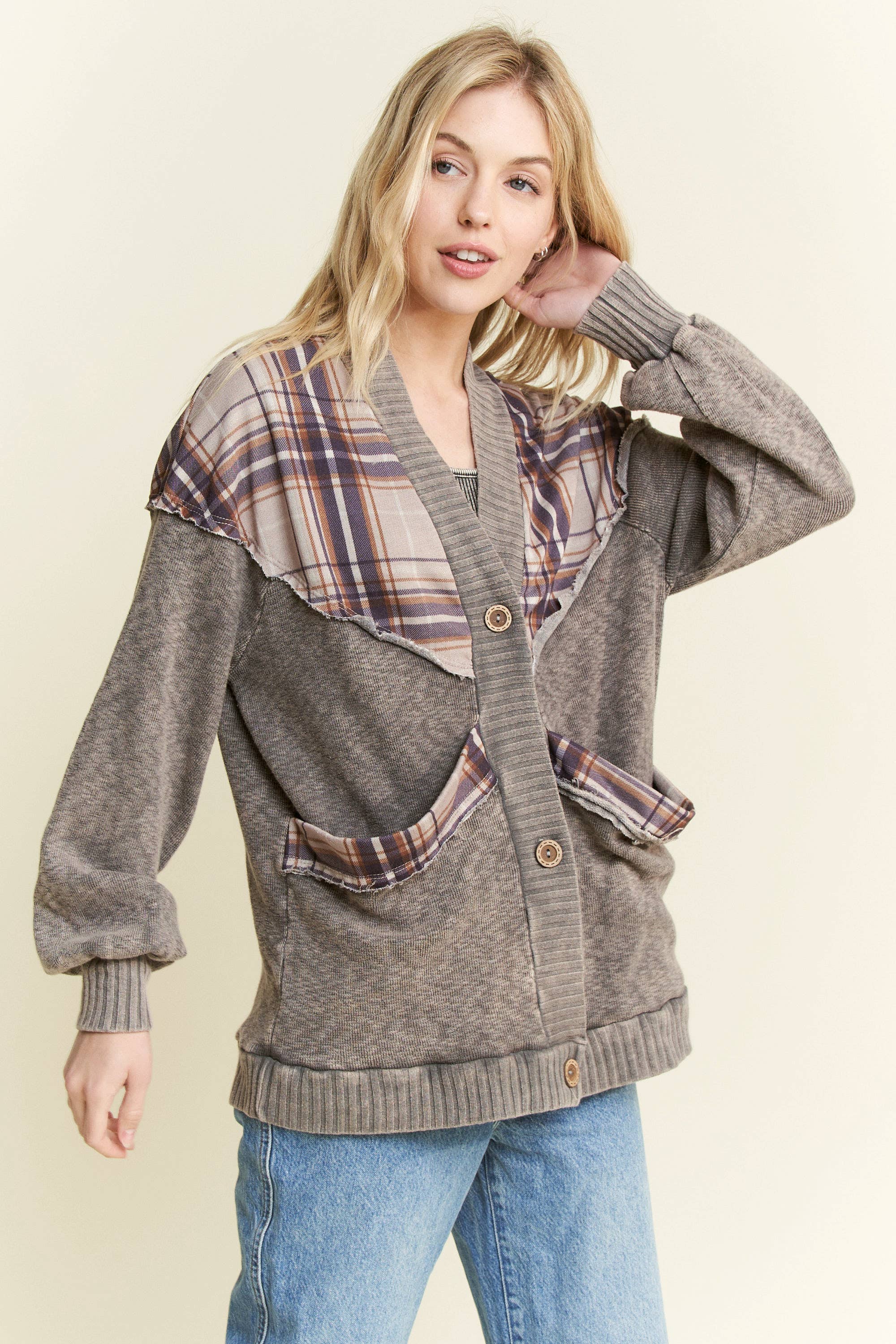 Mineral Wash Cardigan with Plaids-Cardigan-Krush Kandy, Women's Online Fashion Boutique Located in Phoenix, Arizona (Scottsdale Area)