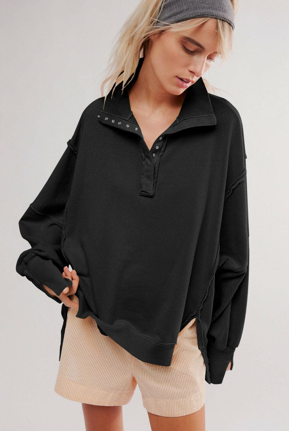 Exposed Seam Side Slit Long Sleeve Sweatshirt-Krush Kandy, Women's Online Fashion Boutique Located in Phoenix, Arizona (Scottsdale Area)