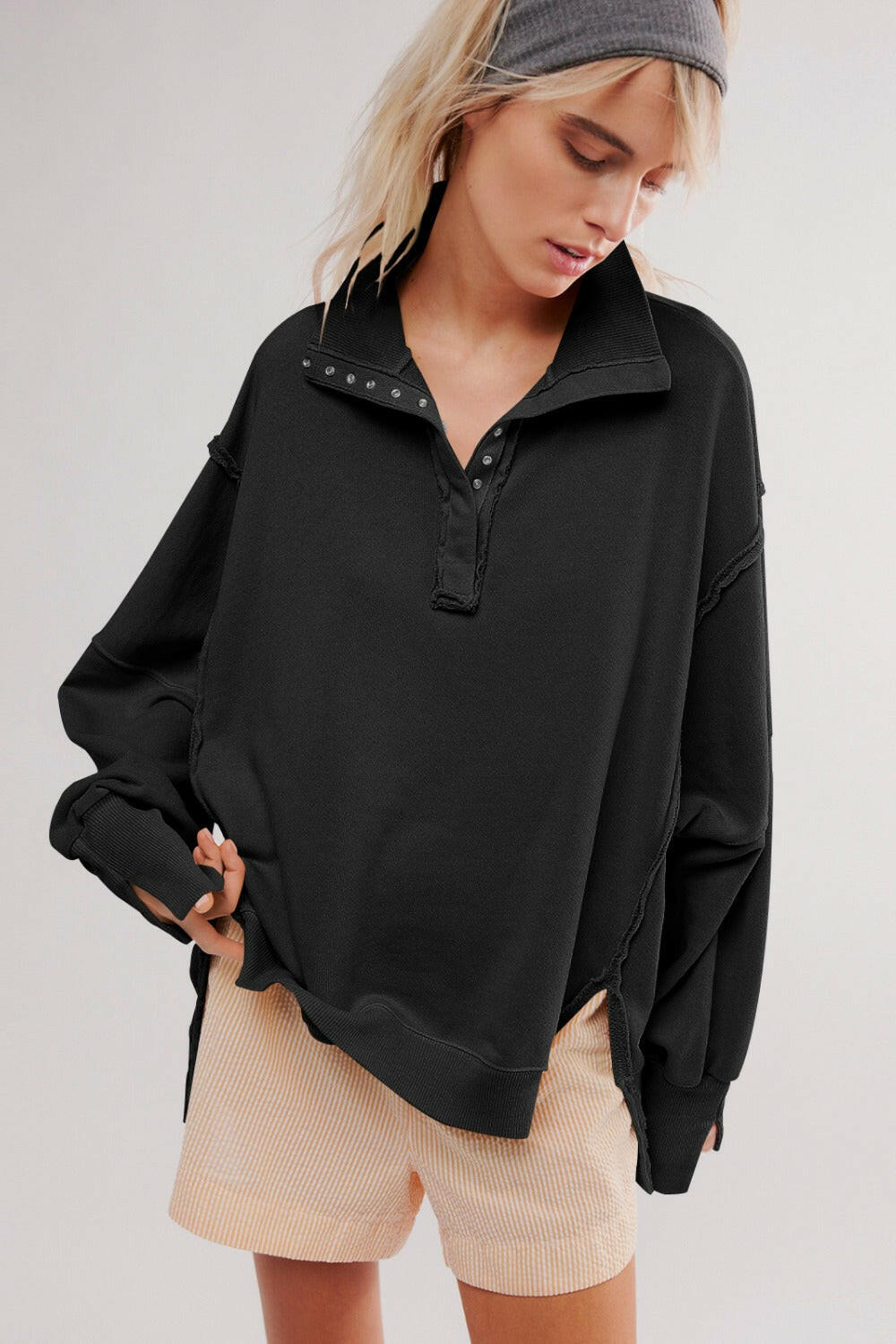 Exposed Seam Side Slit Long Sleeve Sweatshirt-Krush Kandy, Women's Online Fashion Boutique Located in Phoenix, Arizona (Scottsdale Area)