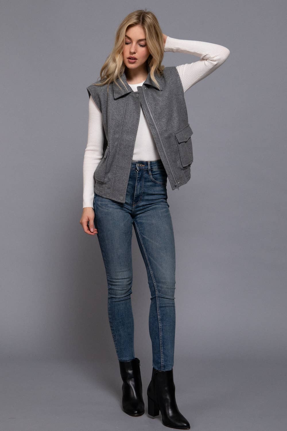 Notched Collar Soft Felt Zip Up Vest-Vests-Krush Kandy, Women's Online Fashion Boutique Located in Phoenix, Arizona (Scottsdale Area)