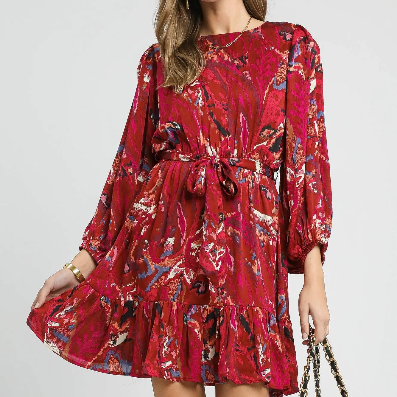Umgee Ruffled Hem Printed Balloon Sleeve Dress-Dresses-Krush Kandy, Women's Online Fashion Boutique Located in Phoenix, Arizona (Scottsdale Area)
