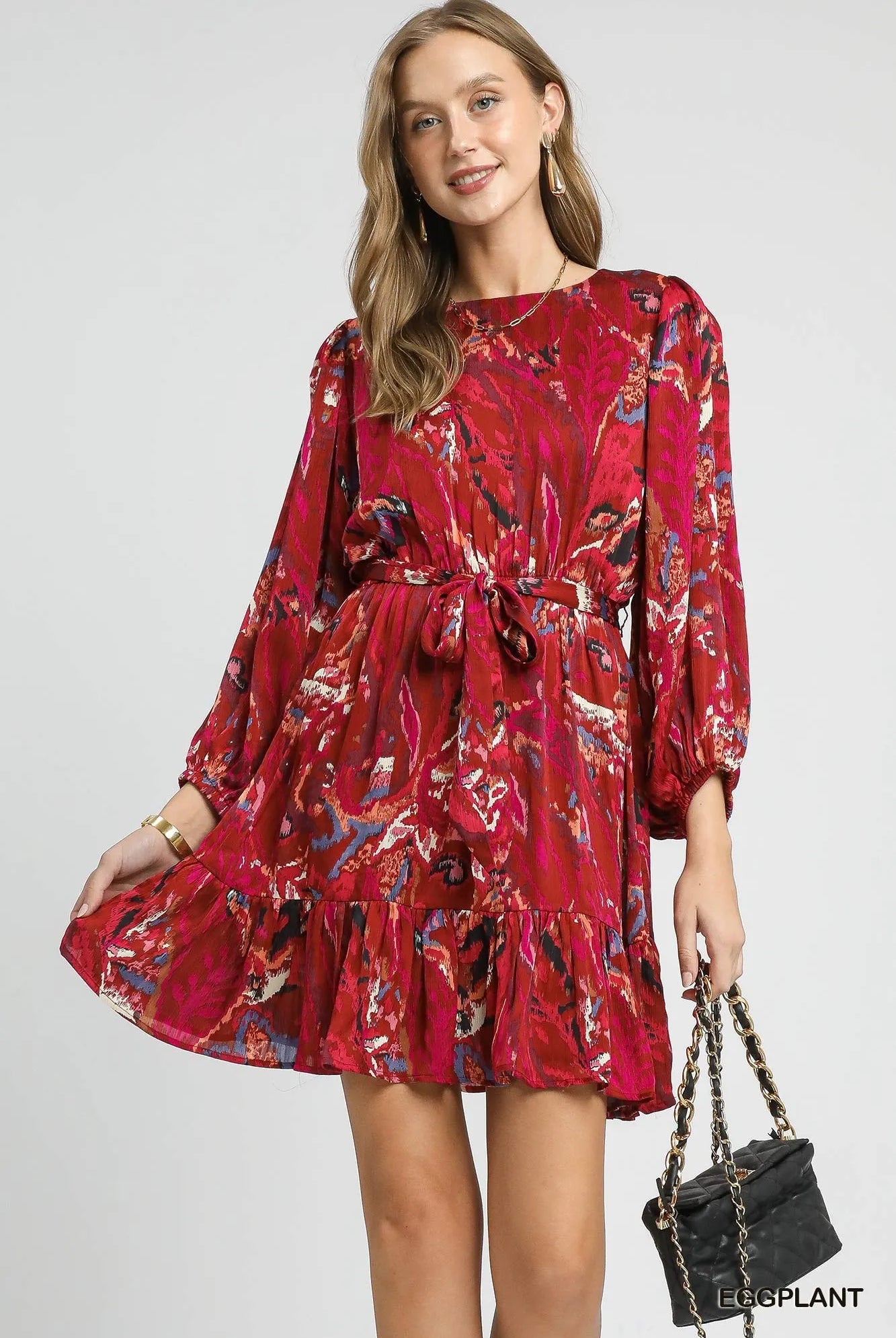 Umgee Ruffled Hem Printed Balloon Sleeve Dress-Dresses-Krush Kandy, Women's Online Fashion Boutique Located in Phoenix, Arizona (Scottsdale Area)