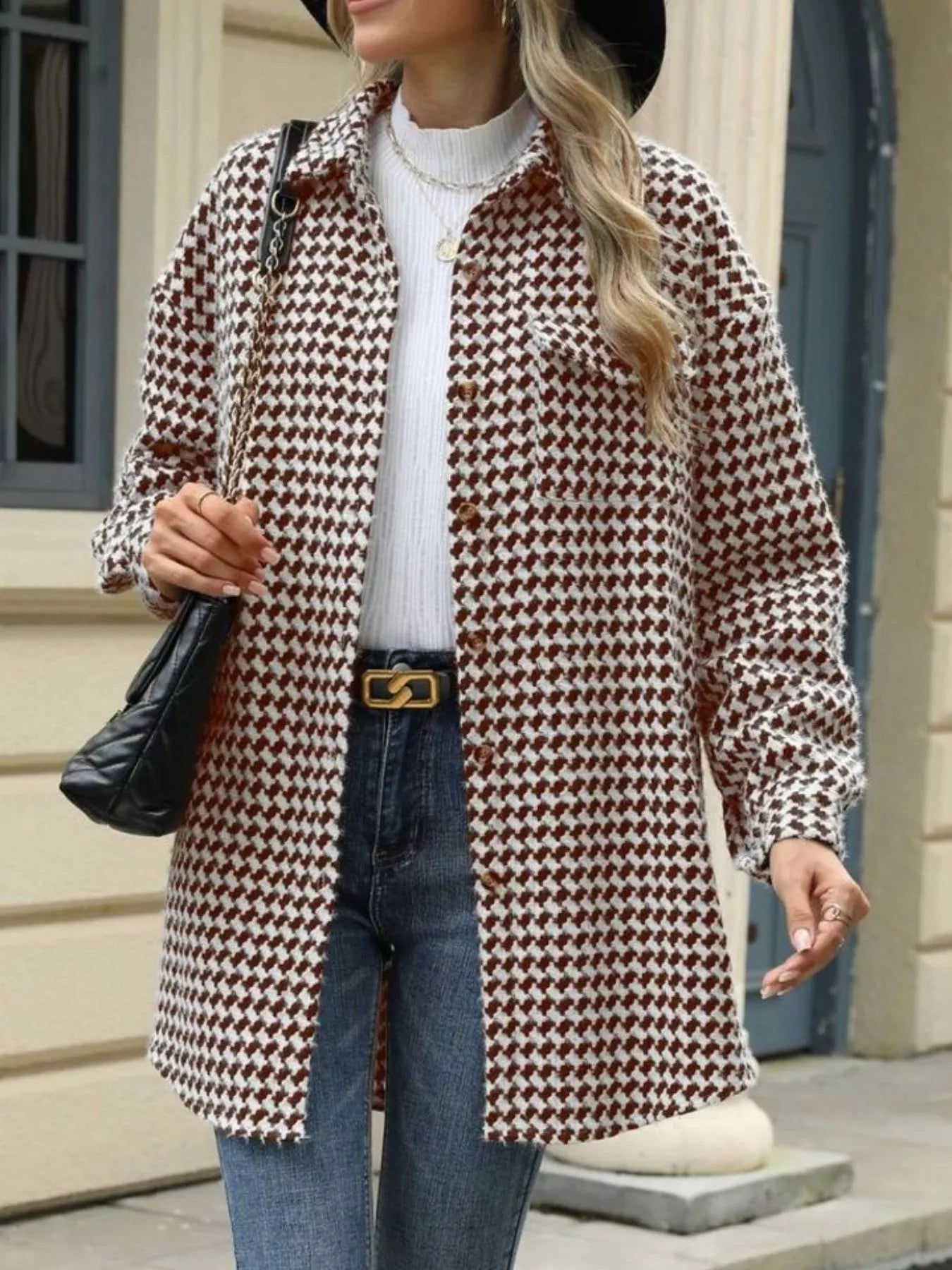 Houndstooth Button Up Long Sleeve Coat-Jacket-Krush Kandy, Women's Online Fashion Boutique Located in Phoenix, Arizona (Scottsdale Area)