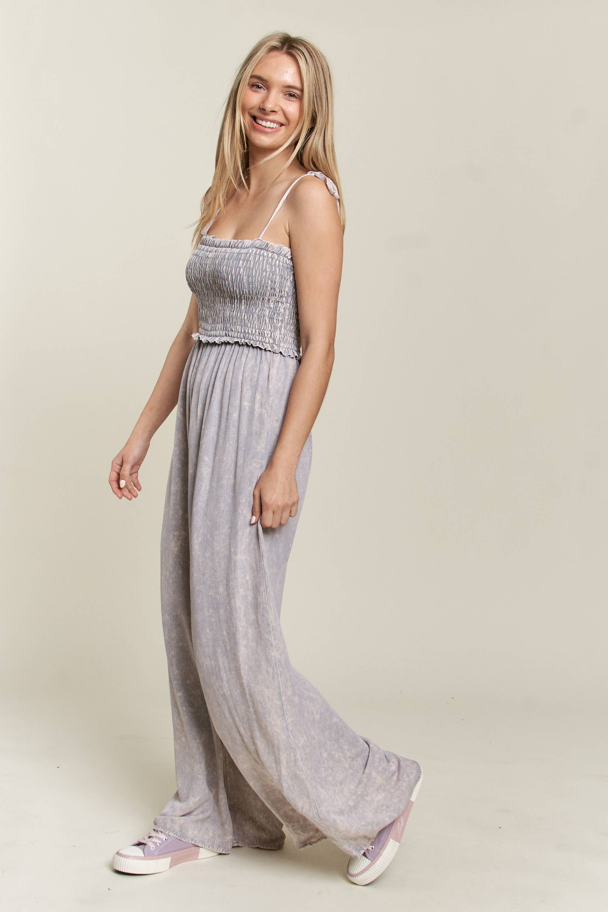 Mineral Wash Smocked Adjustable Jumpsuit-Jumpsuits & Rompers-Krush Kandy, Women's Online Fashion Boutique Located in Phoenix, Arizona (Scottsdale Area)