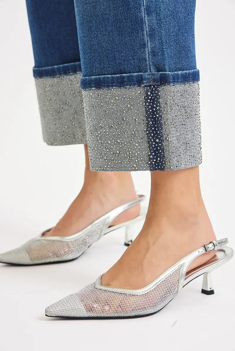 RISEN High Rise Ankle Wide Rhine Stone Cuffed Jeans-Krush Kandy, Women's Online Fashion Boutique Located in Phoenix, Arizona (Scottsdale Area)
