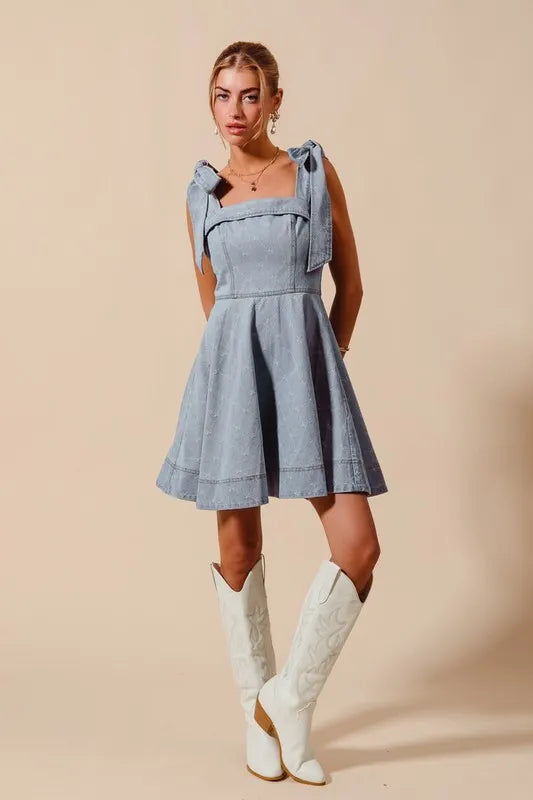 SO ME A Line Bow Denim Dress-Dresses-Krush Kandy, Women's Online Fashion Boutique Located in Phoenix, Arizona (Scottsdale Area)