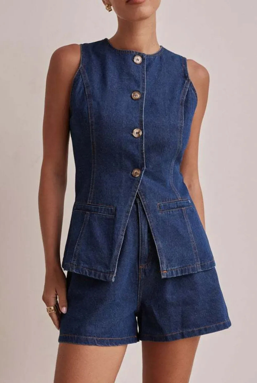 Button Down Vest and Shorts Denim Set-2 Piece Outfit Sets-Krush Kandy, Women's Online Fashion Boutique Located in Phoenix, Arizona (Scottsdale Area)