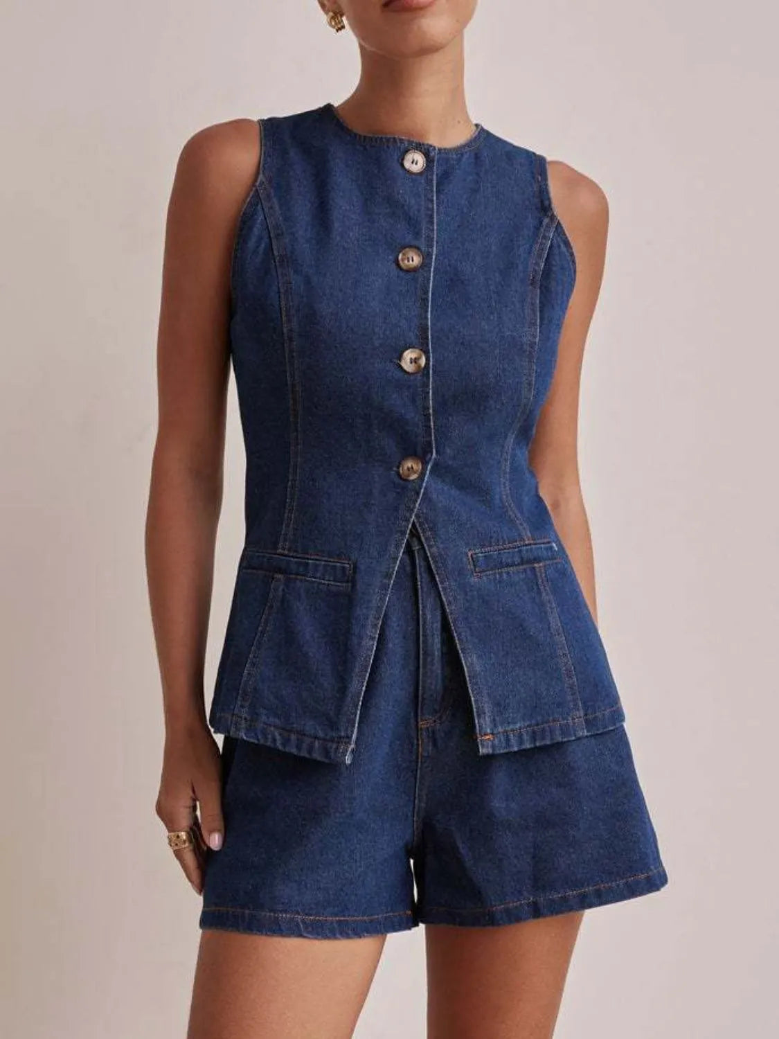Button Down Vest and Shorts Denim Set-2 Piece Outfit Sets-Krush Kandy, Women's Online Fashion Boutique Located in Phoenix, Arizona (Scottsdale Area)
