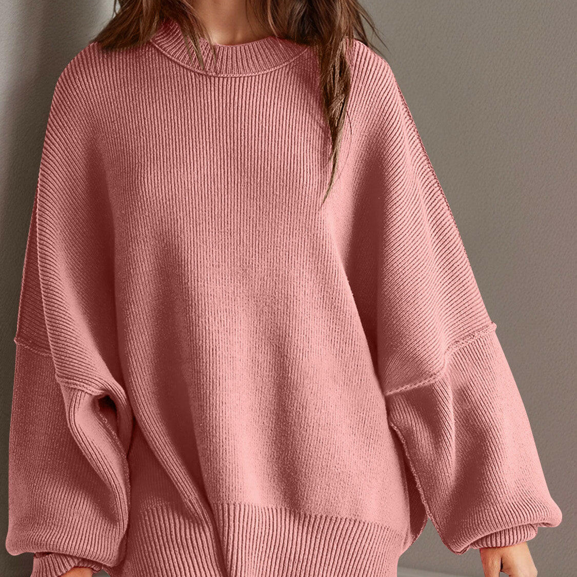 Double Take Side Slit Round Neck Long Sleeve Sweater-Sweaters-Krush Kandy, Women's Online Fashion Boutique Located in Phoenix, Arizona (Scottsdale Area)