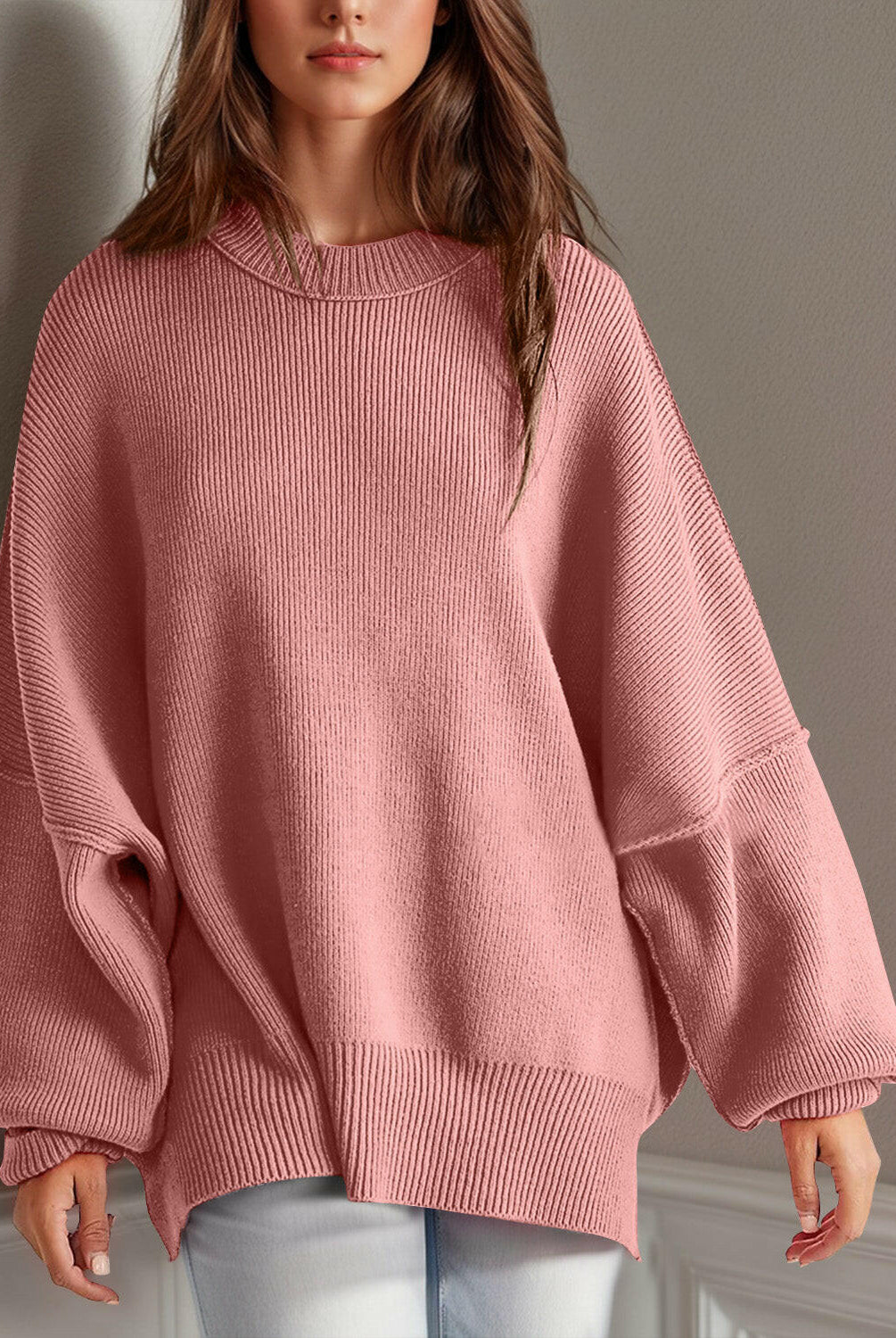 Double Take Side Slit Round Neck Long Sleeve Sweater-Sweaters-Krush Kandy, Women's Online Fashion Boutique Located in Phoenix, Arizona (Scottsdale Area)