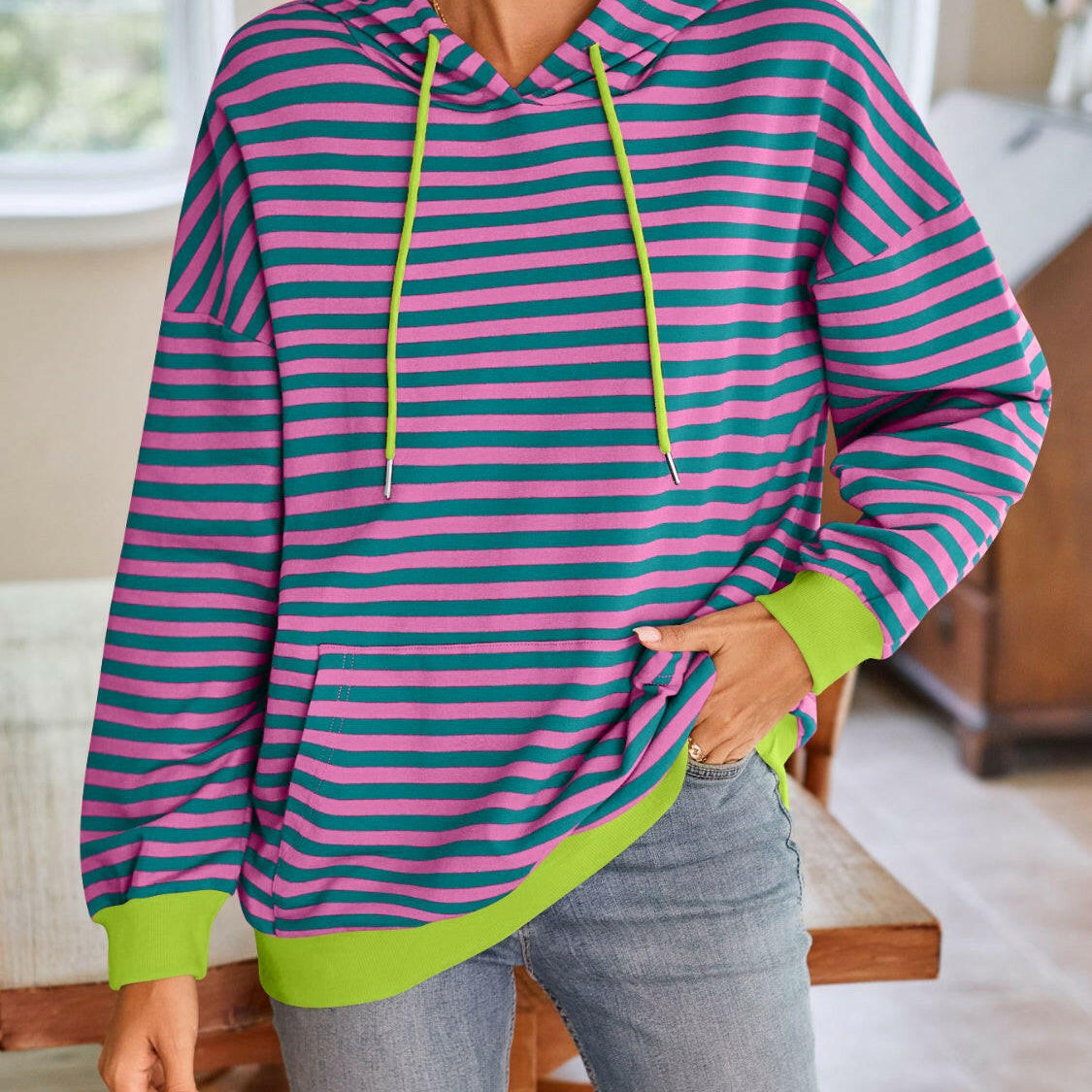 Lovelet Drawstring Striped Long Sleeve Hoodie-Krush Kandy, Women's Online Fashion Boutique Located in Phoenix, Arizona (Scottsdale Area)