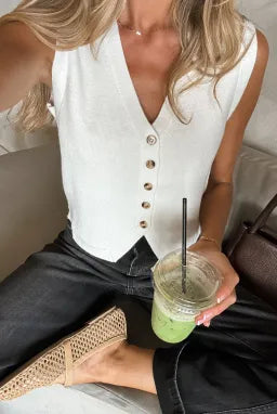White V Neck Buttoned Sweater Vest-Vests-Krush Kandy, Women's Online Fashion Boutique Located in Phoenix, Arizona (Scottsdale Area)