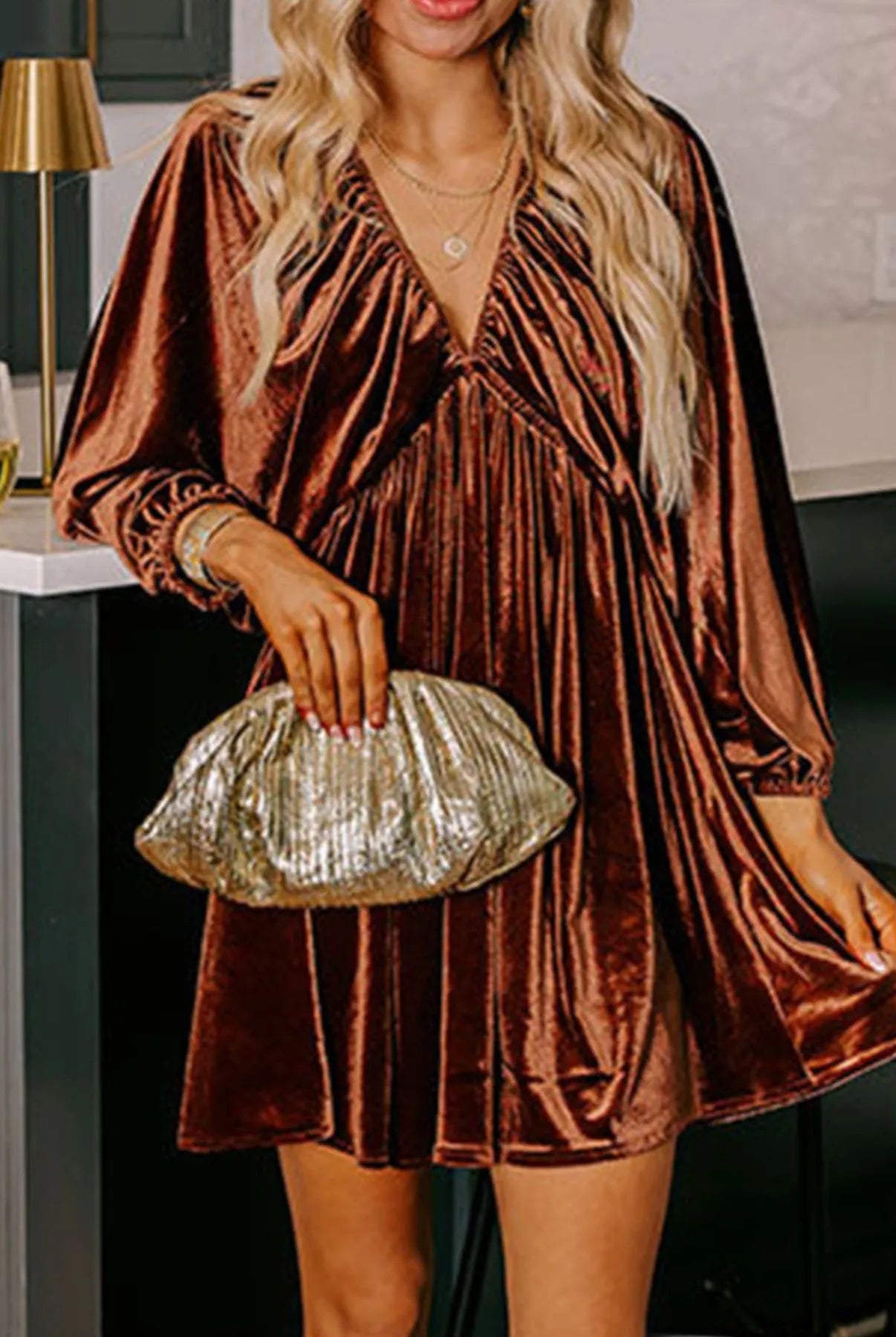 V Neck Puff Sleeve Velvet Dress-Dresses-Krush Kandy, Women's Online Fashion Boutique Located in Phoenix, Arizona (Scottsdale Area)