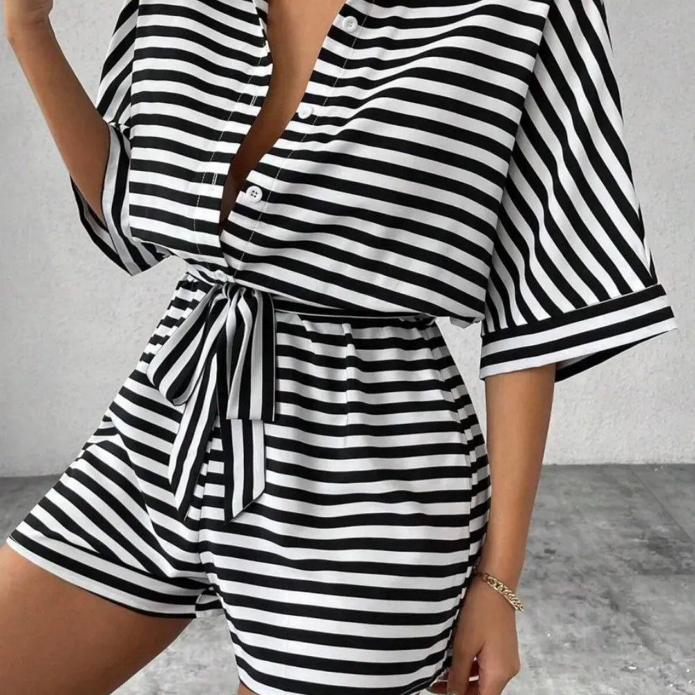 Striped Collared Neck Tie Waist Romper-Krush Kandy, Women's Online Fashion Boutique Located in Phoenix, Arizona (Scottsdale Area)