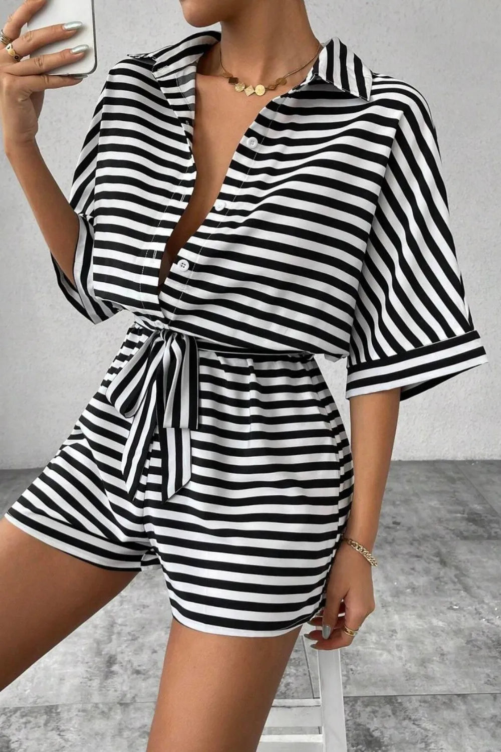 Striped Collared Neck Tie Waist Romper-Krush Kandy, Women's Online Fashion Boutique Located in Phoenix, Arizona (Scottsdale Area)