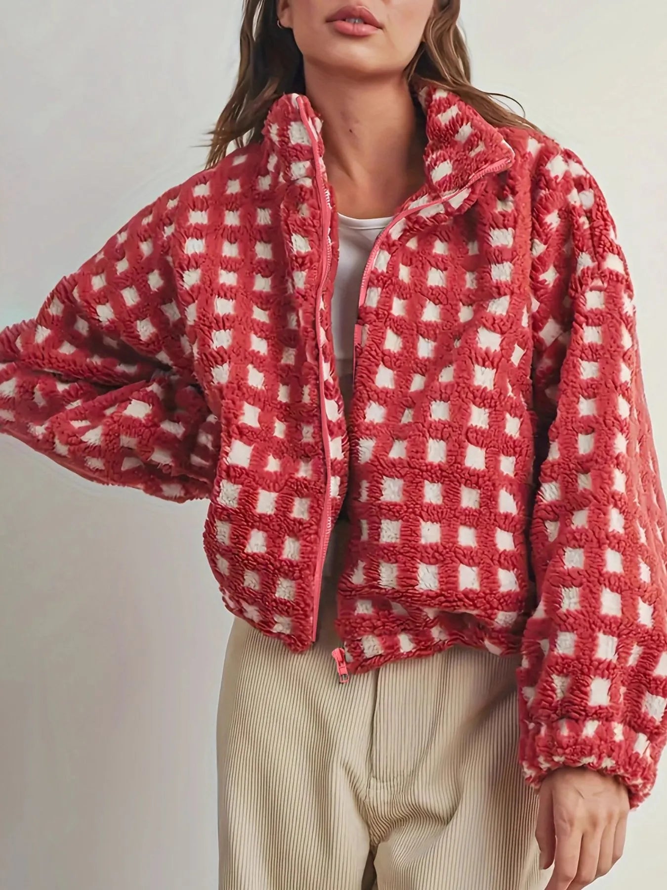 Fleece Checkered Puff Sleeve Bomber Jacket-Jacket-Krush Kandy, Women's Online Fashion Boutique Located in Phoenix, Arizona (Scottsdale Area)