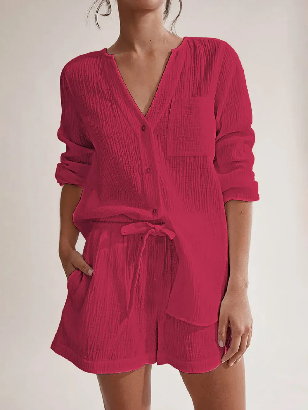 Notched Long Sleeve Top and Shorts Set-Krush Kandy, Women's Online Fashion Boutique Located in Phoenix, Arizona (Scottsdale Area)