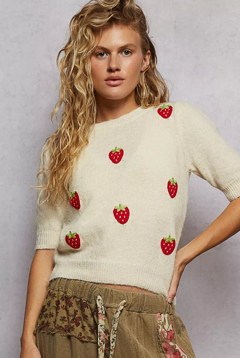 POL Round Neck Strawberry Patch Sweater with Shirring Shoulder-Sweater-Krush Kandy, Women's Online Fashion Boutique Located in Phoenix, Arizona (Scottsdale Area)