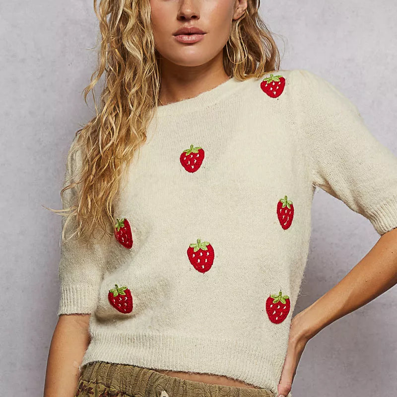 POL Round Neck Strawberry Patch Sweater with Shirring Shoulder-Sweater-Krush Kandy, Women's Online Fashion Boutique Located in Phoenix, Arizona (Scottsdale Area)