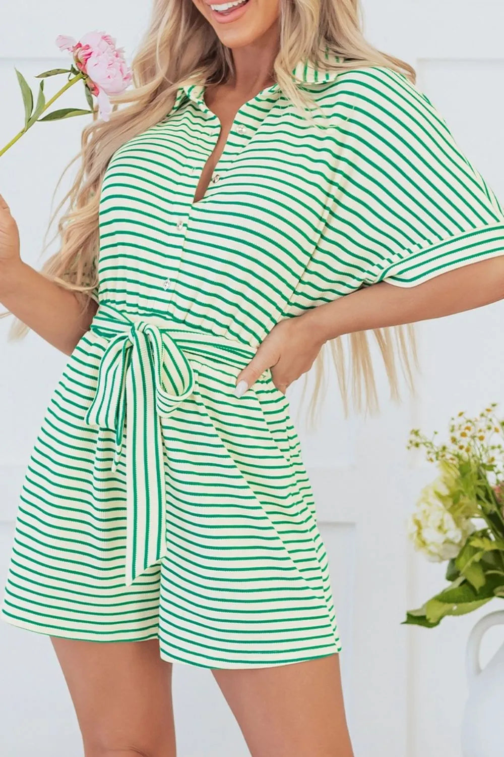 Striped Half Sleeve Tie Waist Romper-Jumpsuits & Rompers-Krush Kandy, Women's Online Fashion Boutique Located in Phoenix, Arizona (Scottsdale Area)