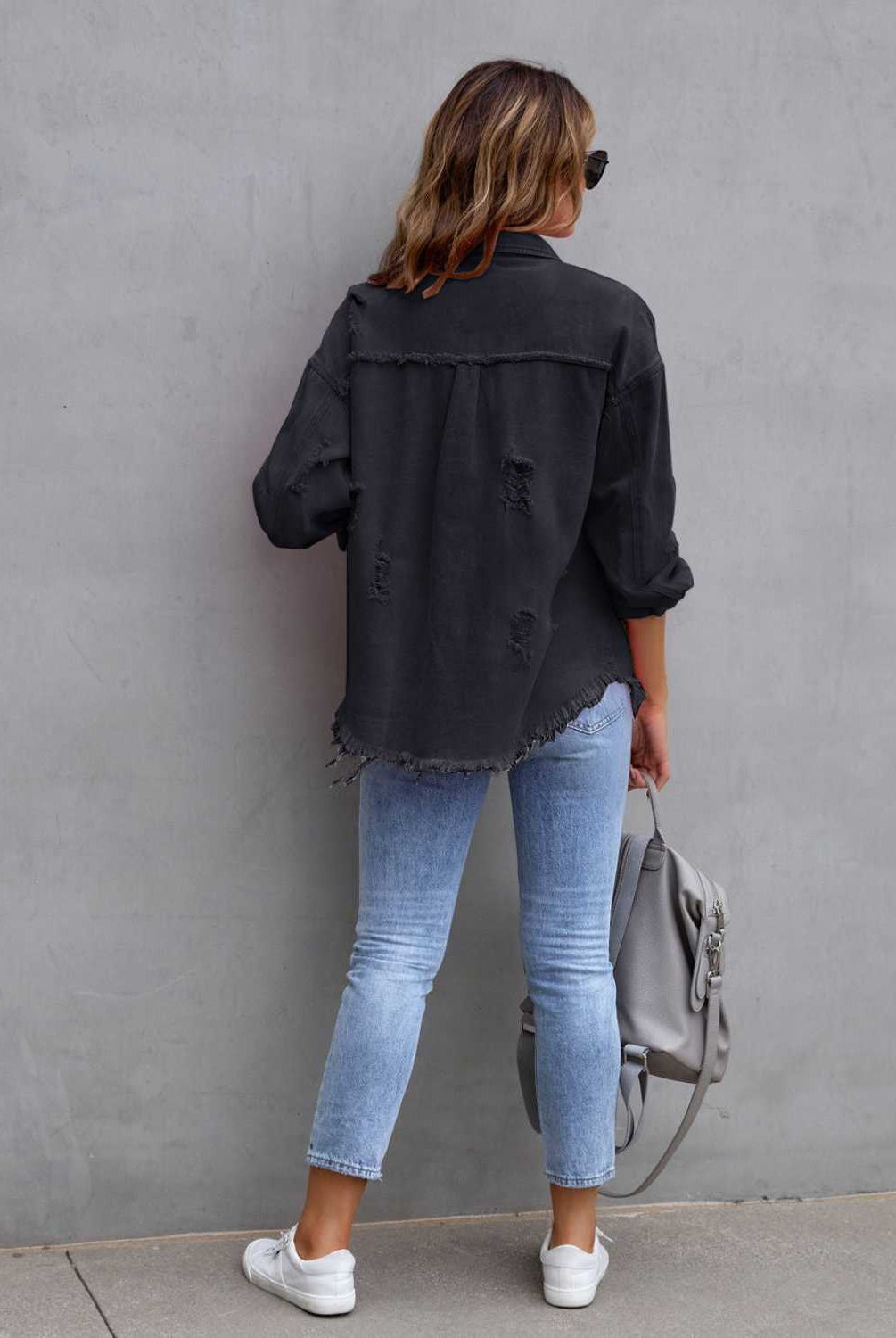 Distressed Drop Shoulder Denim Jacket-Krush Kandy, Women's Online Fashion Boutique Located in Phoenix, Arizona (Scottsdale Area)