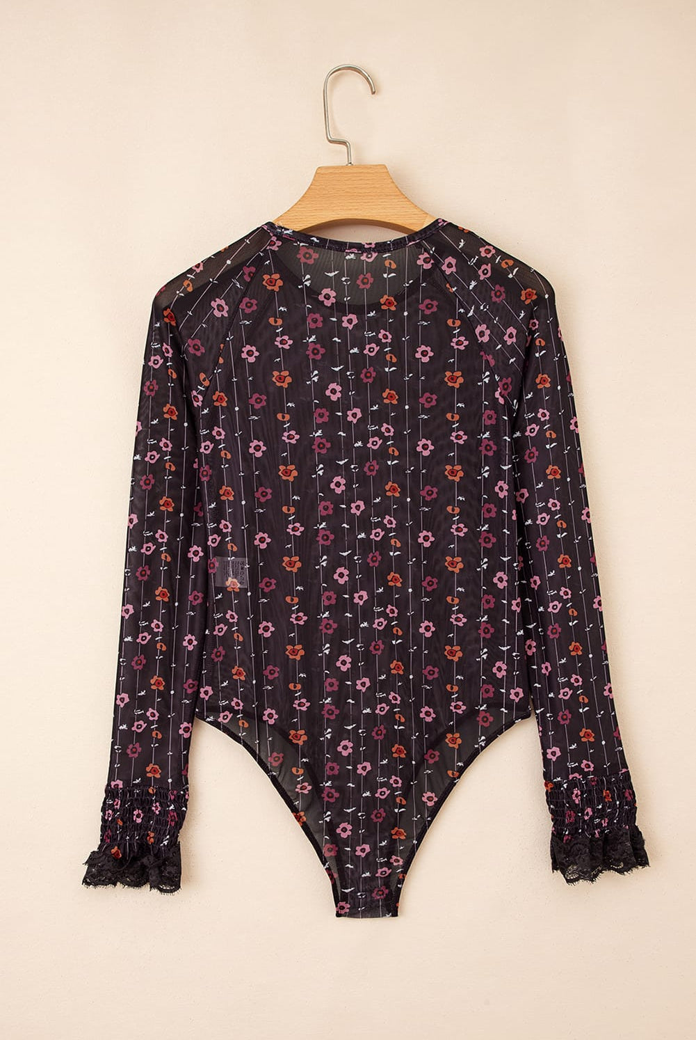 Black Mesh Floral Lace Cuff Bodysuit-Long Sleeve Tops-Krush Kandy, Women's Online Fashion Boutique Located in Phoenix, Arizona (Scottsdale Area)