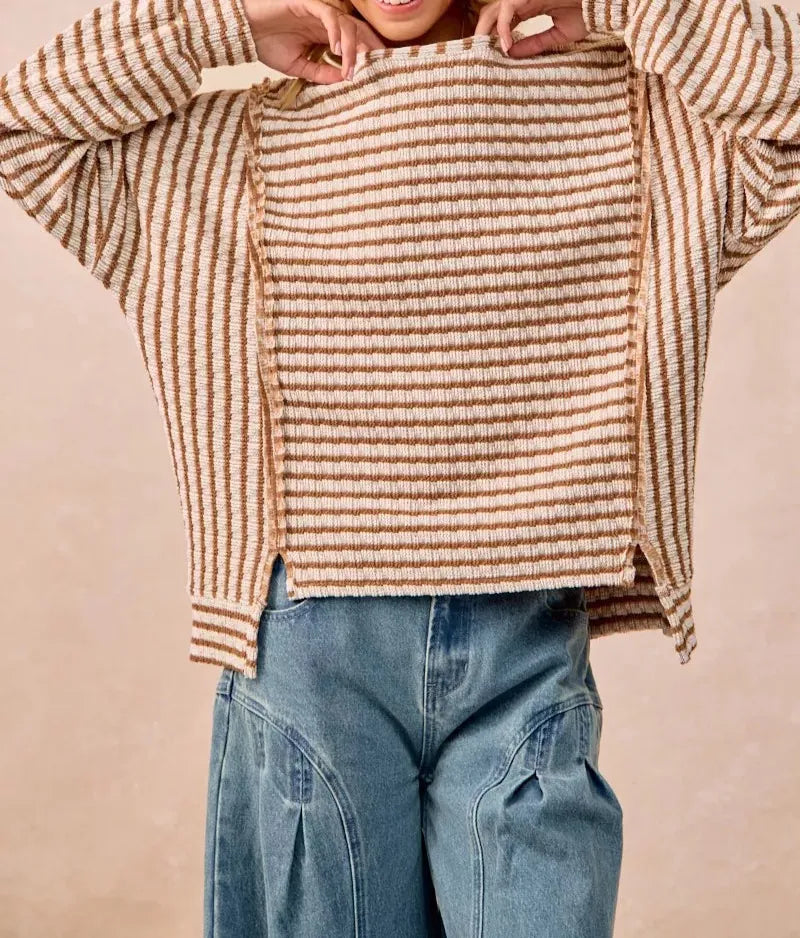BiBi Open Seam Detail Textured Stripe Knit Top-Sweaters-Krush Kandy, Women's Online Fashion Boutique Located in Phoenix, Arizona (Scottsdale Area)